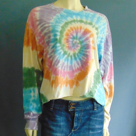 Free People Daydreamer Rainbow Tie Dye Cotton Cropped Long Sleeve Tee Top Sm - Picture 2 of 12
